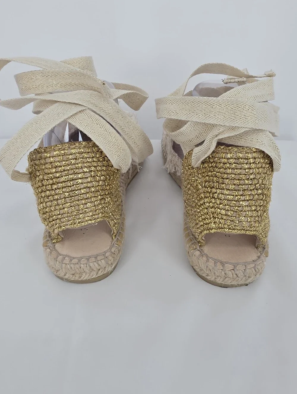 Free People Vida Espadrilles Womens 8 Ivory Gold Crochet Lace Up Boho Flats